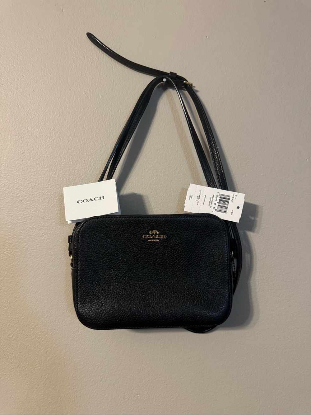 Coach Black Pebbled Leather Camera Crossbody with Gold Logo